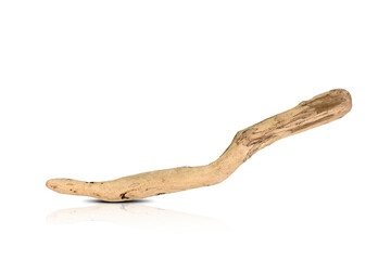 rounded driftwood log on white, organic curves and worn grain used by boho stylist as tabletop centerpiece and decor prop, warm honey tones, sanded edge, natural material, earthy mood, soft