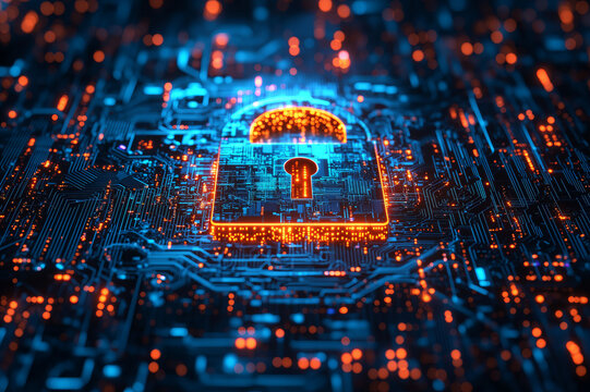 Digital Padlock Symbol Glows Bright Orange On Futuristic Blue Circuit Board With Data Flow