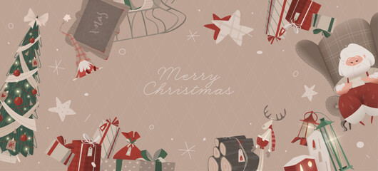 Merry Christmas Postcard with Santa Claus in a Cozy Chair, Christmas Tree, Gifts, Garlands, Holiday Decorations, Festive Cartoon Vector Illustration.