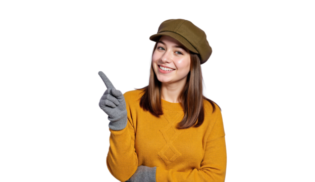 A cheerful woman points playfully with gloved hands while expressing enthusiasm during a casual winter moment. - Powered by Adobe