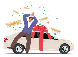 Happy lucky man celebrating winning car expressing joyfulness and excitement of dream come true