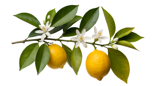 Lemon Branch with Blossoms isolated on transparent background
