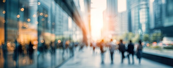 Abstract city scene with blurred figures and office building bokeh