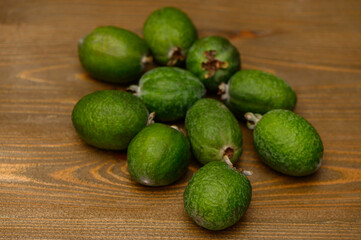 Ripe Feijoa Fruits on Wooden Table Close Up