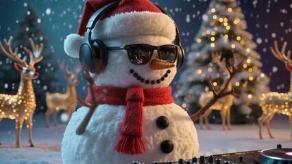 Cool snowman DJ wearing headphones and sunglasses mixes music in a festive winter scene with glowing reindeer lights and falling snow.
