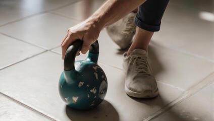 Naklejka premium Close up of a persons hand reaching for a kettlebell on a tiled floor.