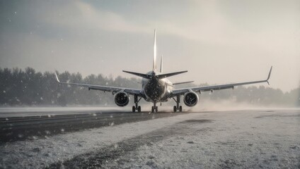 Commercial airplane preparing for takeoff on a snowy runway at an airport during winter.