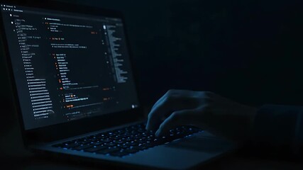 Close up of person coding on a laptop in the dark in the night programming at night - Powered by Adobe