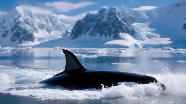 4K Orca surfacing in Antarctic waters surrounded by snow-covered cliffs and icebergs, representing strength and harmony of nature antarctica, orca, killer whale, glacier, ice, ocean