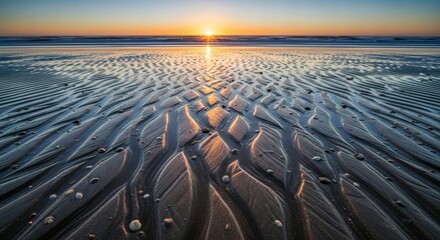 Golden sunlight reflecting on the wet sand at low tide during sunset