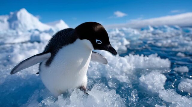 4K video Gentoo and Adélie penguins standing on Antarctic snow under cloudy sky, symbolizing wildlife harmony in extreme polar nature antarctica, penguins, gentoo, adelie, wildlife, nature