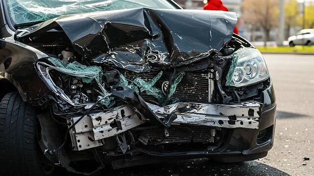 Close-up of severely damaged car after accident, showing crumpled hood and broken glass.  Vehicle