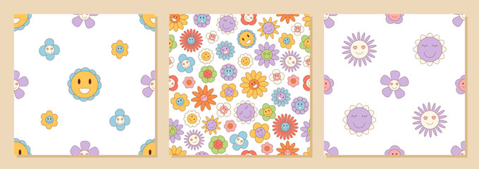 Naklejka premium Groovy retro seamless flower pattern set with colorful smiley daisy elements as a y2k graphic background. This seamless pattern pack is a bright vintage collection for fun and modern projects.