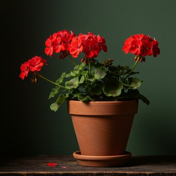 A vibrant potted geranium with bright red flowers sits on a rustic wooden surface against a dark green background