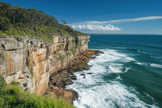 Rock cliffs with green hills above ocean