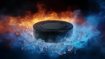 Hockey puck surrounded by fire and ice, symbolic of passion and cold, elemental contrast hockey, puck, fire, ice, water, sport, energy, passion, contrast, elements, speed, explosio 4K
