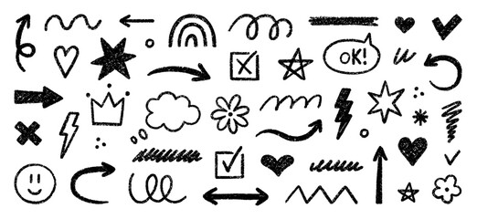 Crayon kids scribble shapes, brush lines doodle set. Pencil underlines, check marks, arrows, stars and hearts in sketch style. Hand drawn vector illustration isolated on white background