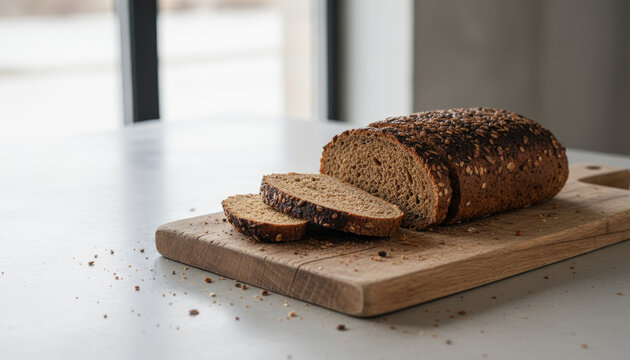 Whole grain loaf of freshly baked artisan bread sliced on a wooden cutting board with scattered seeds in soft natural light