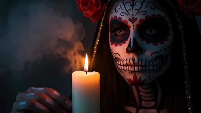 Dia de los Muertos Celebration Video Featuring Woman with Calavera Makeup and Candle