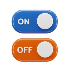 Two 3d toggle switches, one blue labeled on and one orange labeled off, isolated on white background