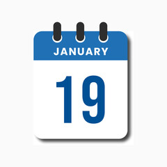 Modern blue January 19 calendar vector, minimalist flat design for planner or UI elements.