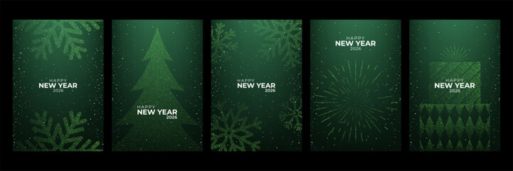 Collection of joyful Happy New Year 2026 vertical greeting cards with festive green particle designs on a dark background for holiday celebration.