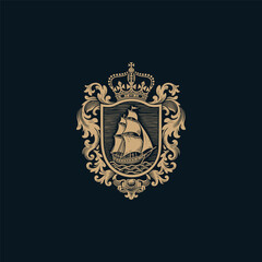 Fototapeta premium Luxurious vintage engraving style illustration featuring a classic sailing ship on the waves, set within a heraldic shield, and topped with a royal crown