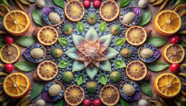 Vibrant overhead view of a mandala pattern created with sliced oranges blueberries small nuts and green leaves on a textured stone surface