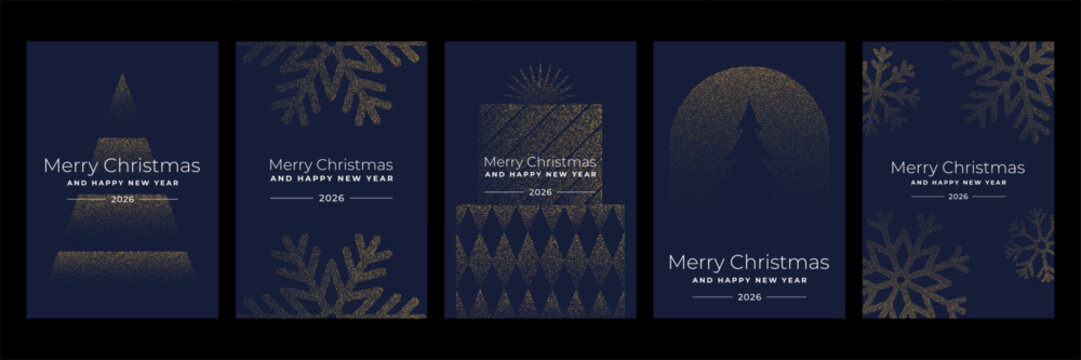 Set of five dark blue and gold sparkling Christmas and New Year greeting card designs for winter holiday celebration and festive season
