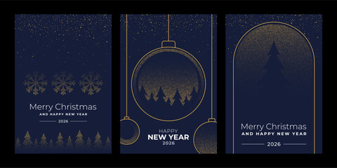 Dotted christmas and New Year vector card collection with snowflake, bauble and pine tree design for holiday greeting.