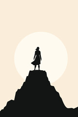 Silhouette of a woman standing on a mountain peak at sunrise, symbolizing strength, freedom, success, courage, and achievement through perseverance and self-belief.