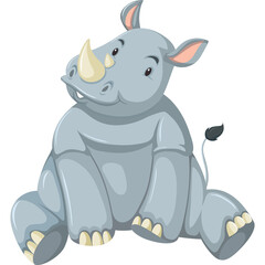 Cartoon Rhino Sitting Down with a Happy Expression and Grey Skin with Light Yellow Horn on a Transparent Background