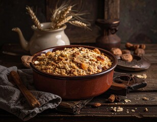 Rustic Baked Dessert Dish on a Wooden Table with Nuts and Wheat in Warm Tones