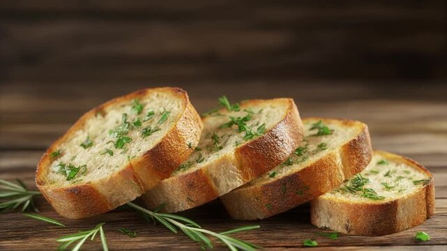 Crispy garlic bread slices with fresh herbs on rustic wooden board, tasty and fragrant food. Close-up.