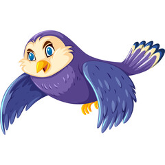 Cartoon Purple Bird Flying with Yellow Beak Blue Eyes and Fluffy Tail on Transparent Background