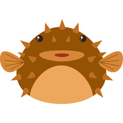 Cartoon pufferfish with brown spikes and fins on a transparent background a cute underwater creature illustration