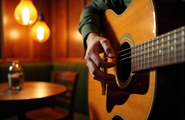 Fototapeta premium Woman playing acoustic guitar in cozy indoor setting with warm lighting and wooden decor