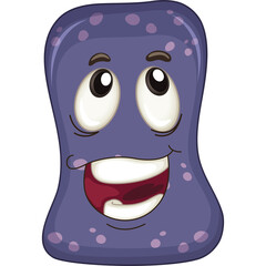 Cartoon purple character with big smile and wide eyes looking up with polka dots and a transparent background in a playful style