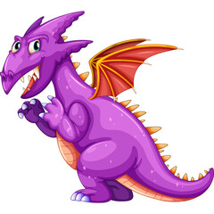 Cartoon purple dragon with orange wings standing on a transparent background roaring with sharp teeth and claws with big blue eyes and spiky scales detailed illustration