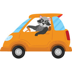 Cartoon Raccoon Driving an Orange Car with a Transparent Background