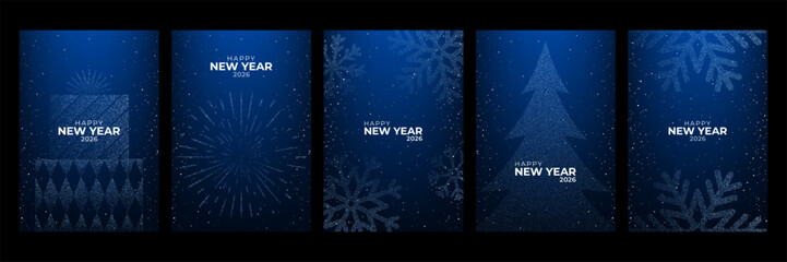 Fototapeta na wymiar Happy New Year 2026 collection of vector designs on blue background with snowflakes, gift, christmas tree, and fireworks for web and card