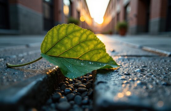 A single green leaf lying on a wet cobblestone street during sunset