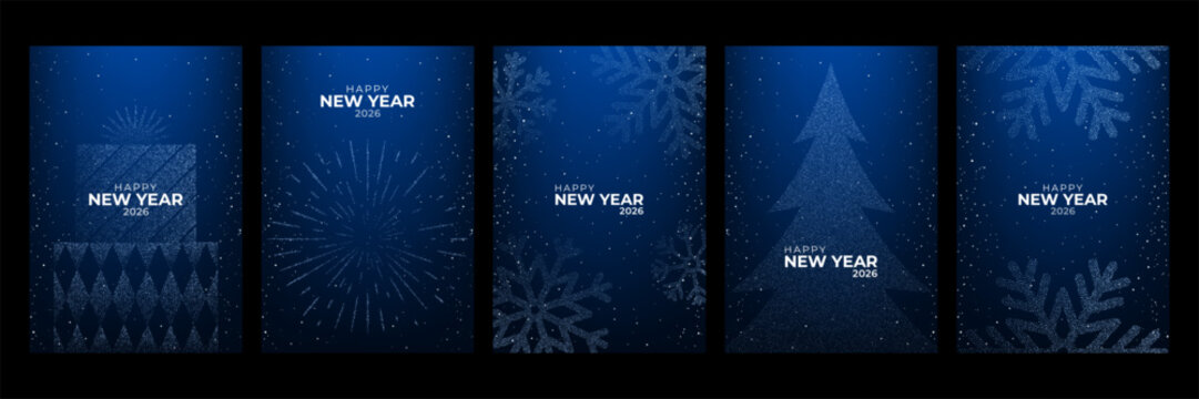 Happy New Year 2026 collection of vector designs on blue background with snowflakes, gift, christmas tree, and fireworks for web and card