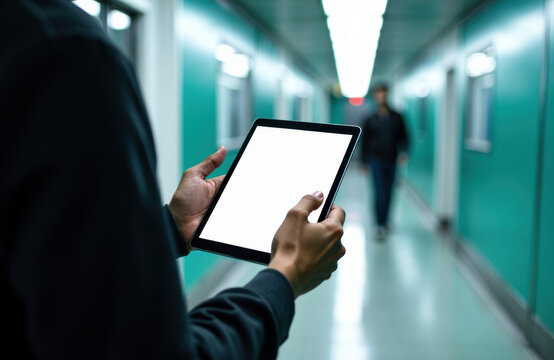 Woman using a tablet in a modern corridor with blurred background