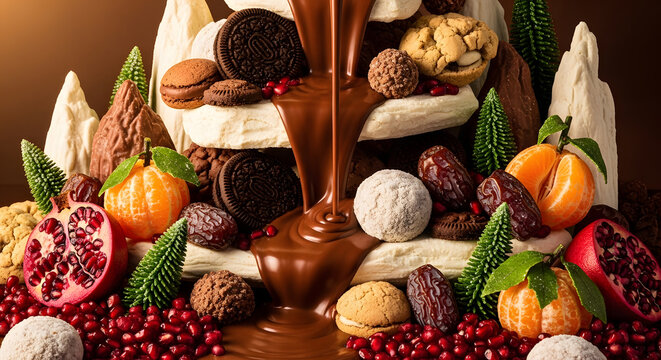 Chocolate waterfall over “rocks” made of white chocolate and cookies, surrounded by sugar Christmas fruits (pomegranates, dates, oranges), edible pine sprigs, diffused golden light.