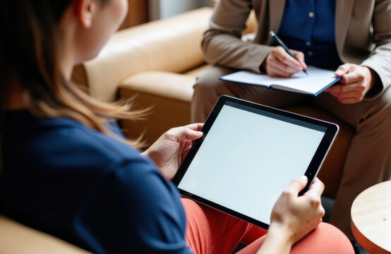 Woman using tablet during business meeting with colleague taking notes on notepad - Powered by Adobe