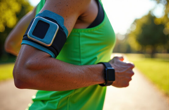 Woman running outdoors wearing fitness tracker and armband on arm