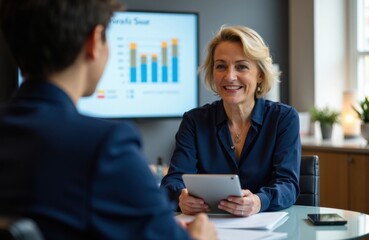 Businesswoman discussing data with a colleague in an office setting