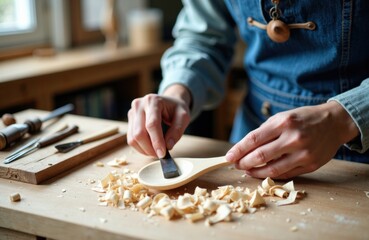 Woman carving wood with chisel in woodworking workshop
