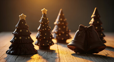 Christmas chocolate sculptures (trees, bells) on rustic table, illuminated by soft golden light